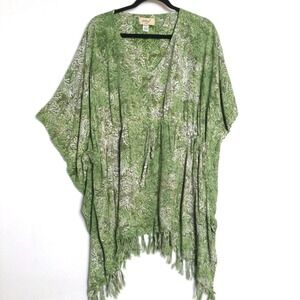 Lakhays Kaftan Tunic Womens OS Green Botanical Print Fringe Drawstring Boho